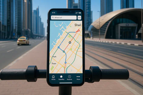 Smartphone mounted on electric scooter handlebars displaying a map app with a route in a modern city environment with skyscrapers and a station.