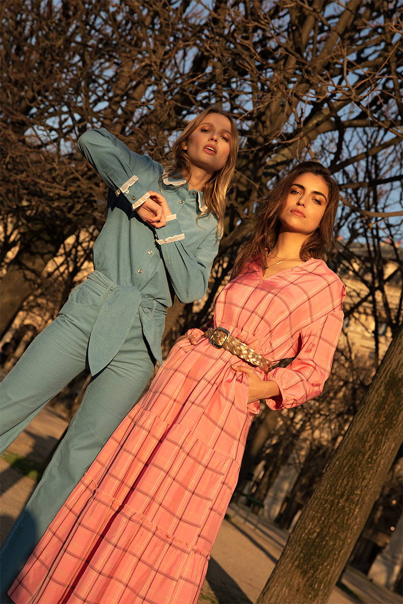 Philou Celaries and Charlotte Lemay pose in YOLKE's Daywear Collection in Paris