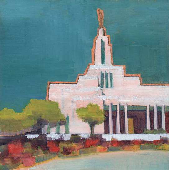 Impressionist type painting of the Draper Temple. The temple is outlined in a gold color.