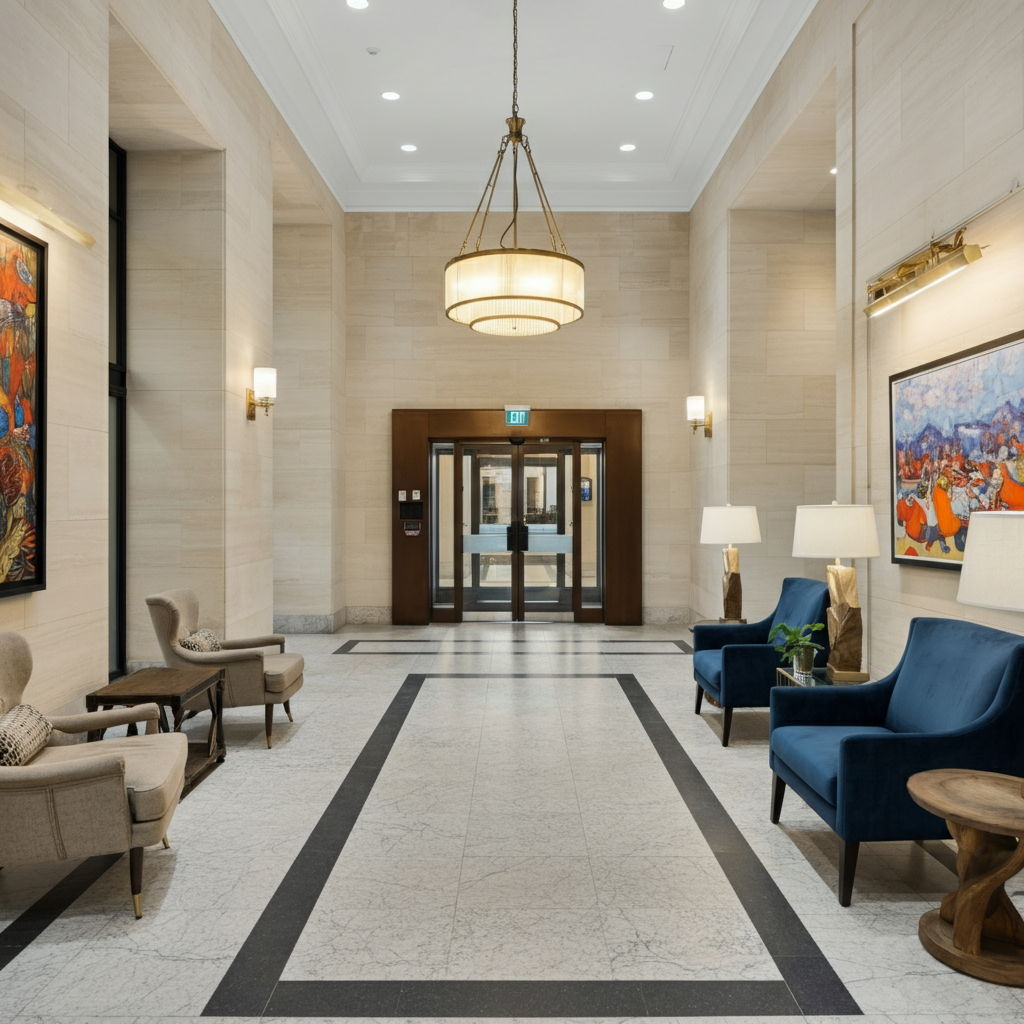 Elegant lobby of a Streeterville cooperative building with 24-hour doorman service, marble floors, designer seating areas, and curated artwork. The classic yet updated space reflects the blend of traditional service and contemporary design that appeals to discerning buyers in this neighborhood.