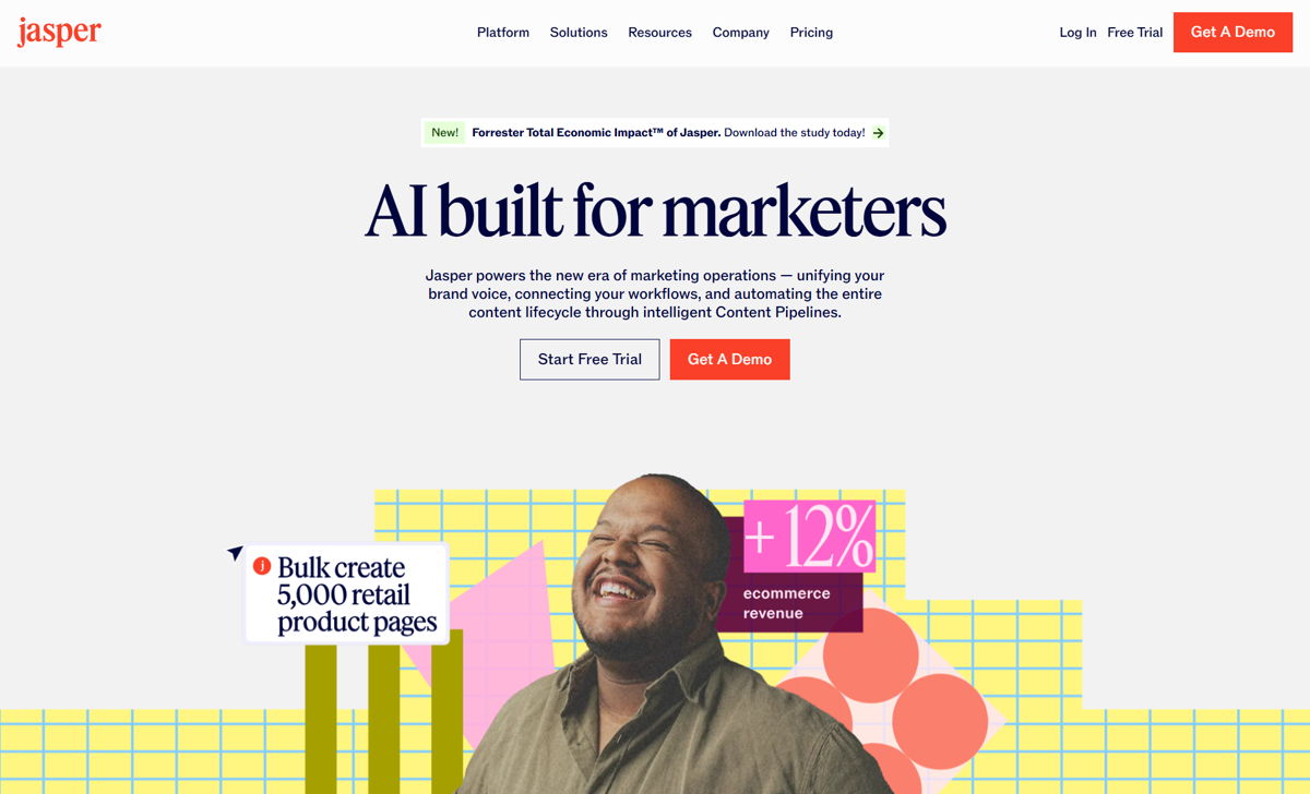 Screenshot of Jasper , from the ai company websites collection.