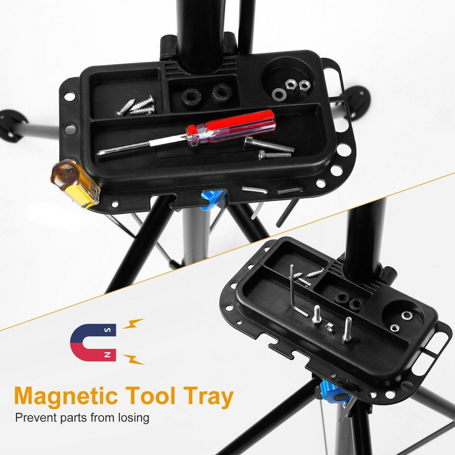bike repair stand with magnetic tool tray