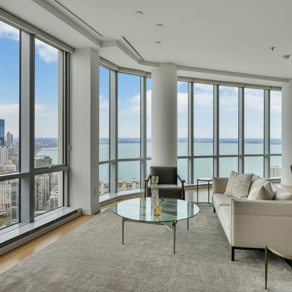 A contemporary Streeterville condominium living room with floor-to-ceiling windows showcasing panoramic lake and city views. The space features clean lines, neutral décor, built-in smart home technology panels, and minimalist furnishings that emphasize the spectacular vista—exactly what medical professionals and international buyers seek.