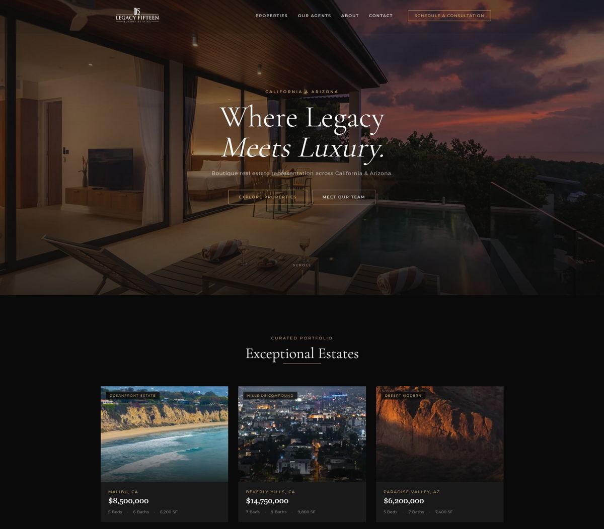 Screenshot of Legacy Fifteen Luxury Estates , from the godaddy airo websites collection.