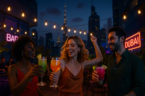 Friends laugh and raise cocktails at an outdoor bar in Dubai at night, featuring the city skyline and Burj Khalifa.