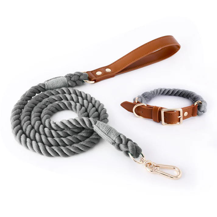 Dark Gray Premium Leather Pet Collar and Leash - Soft, Strong Braided Rope