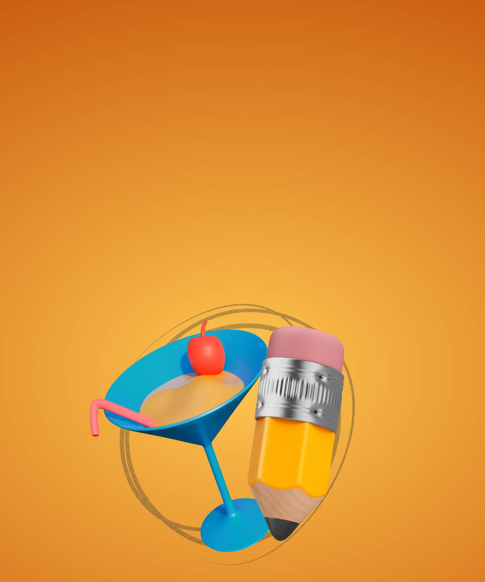 A blue martini glass with a cocktail and a cherry next to a big pencil inside of a drawn circle for Confetti's Virtual Drink and Draw