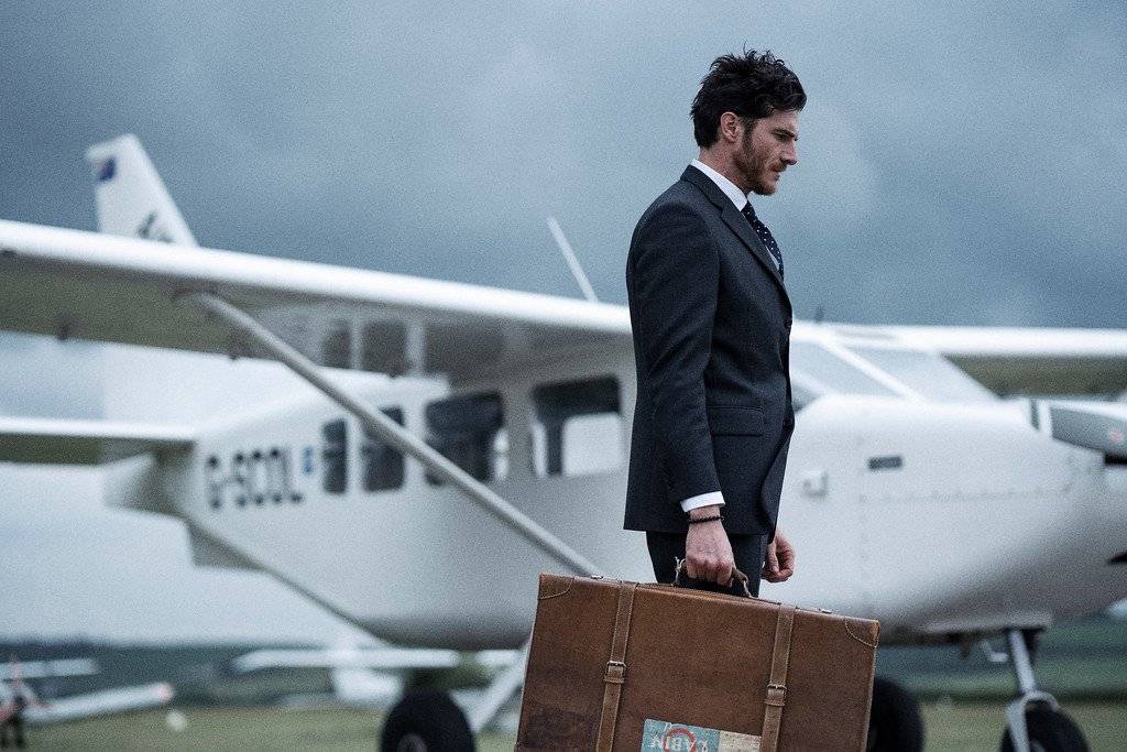 Old Sarum photoshoot, bespoke suiting, vintage suitcase