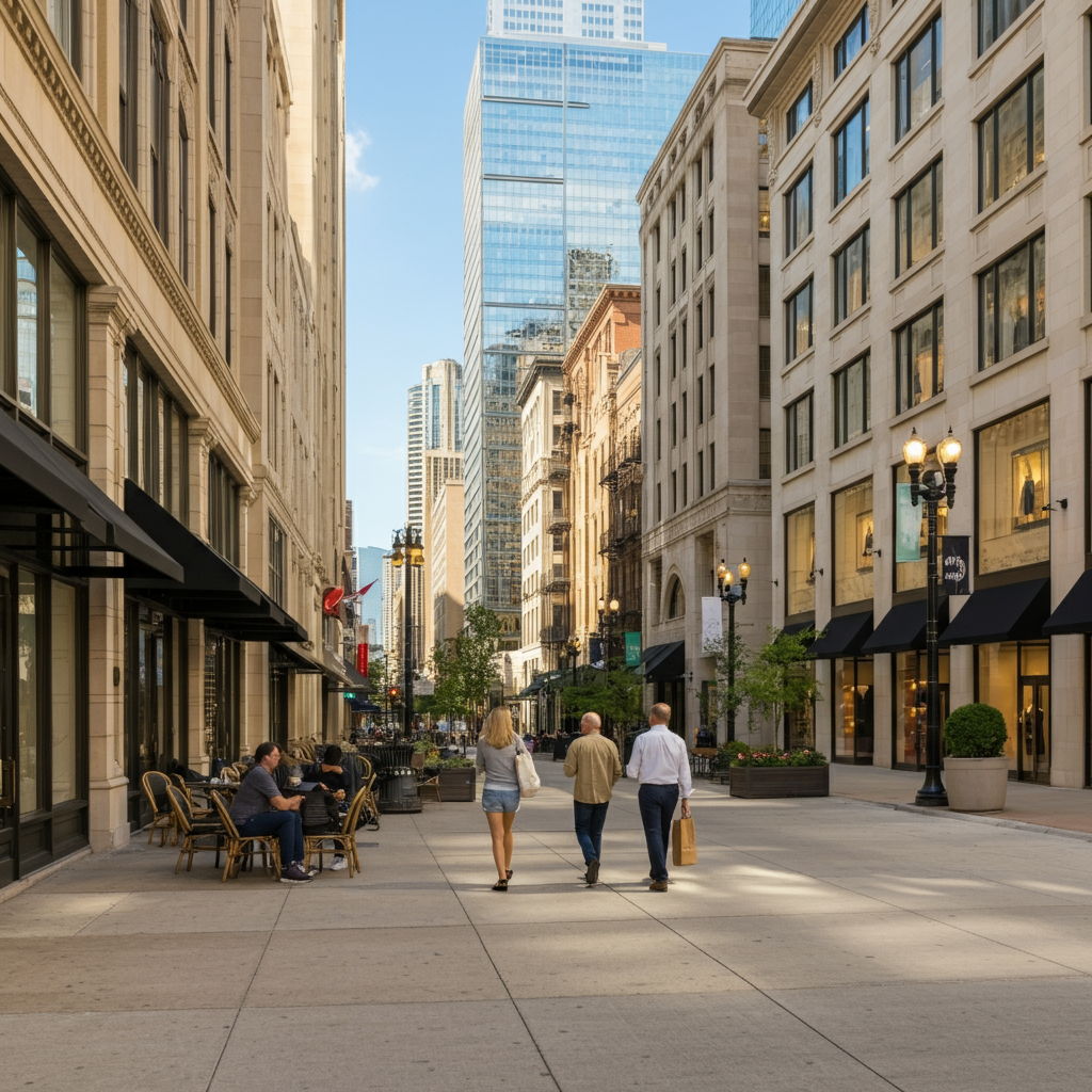 The vibrant shopping district along Oak Street in Gold Coast, featuring high-end boutiques with elegant window displays and well-dressed shoppers carrying designer bags. The street is lined with historic buildings housing luxury retailers, with outdoor café seating visible where patrons enjoy coffee and light bites between shopping excursions.