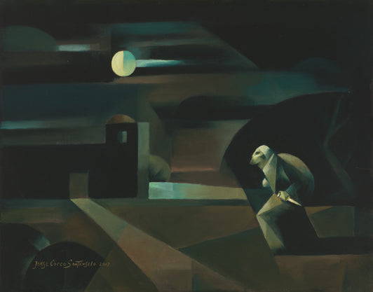 Geometric painting of a carrying a sack through the night. 