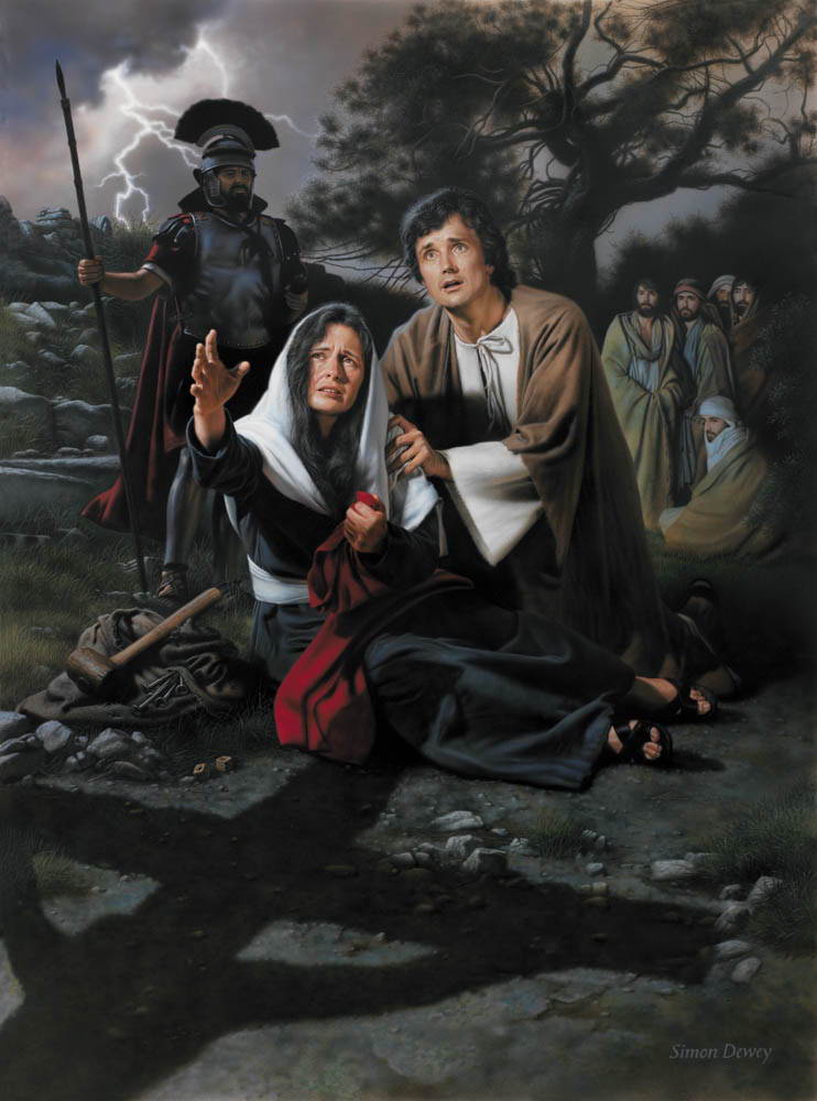 Mary and the apostle John weeping at the foot of the cross. Lightning splits the sky.