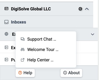 Help menu with Support Chat, Welcome Tour, and Help Center