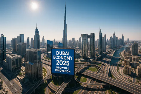 Dubai city skyline with Burj Khalifa, buildings, highways, river, and a blue billboard showing Dubai Economy 2025 Growth & Innovation.