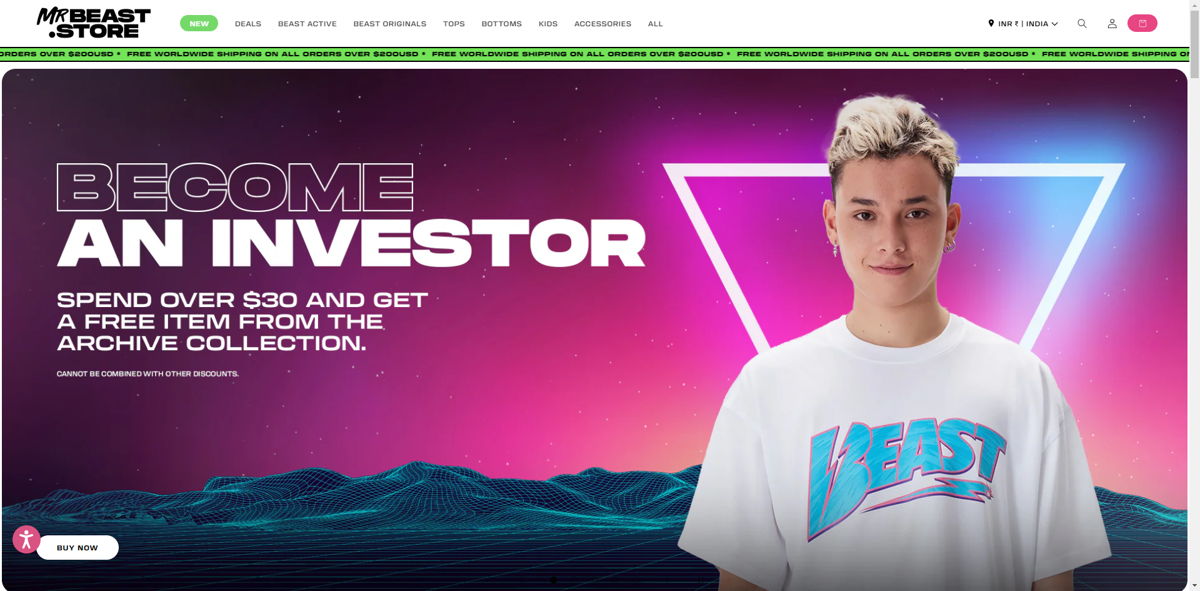 Screenshot of MrBeast.store , from the shopify clothing stores collection.