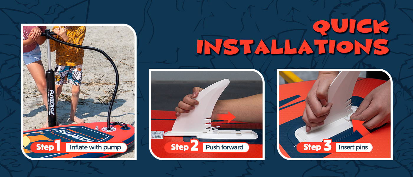 Inflatable SUP board in Canada support quick installations: inflate iSUP with Pump, Push your fin forward, inser fin pins