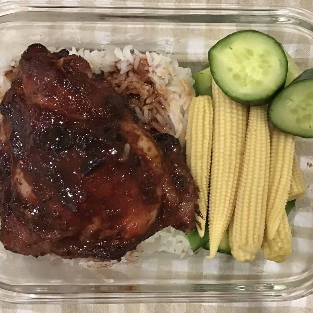 Char Siew Chicken with rice and veges. A good lunch for a University student.