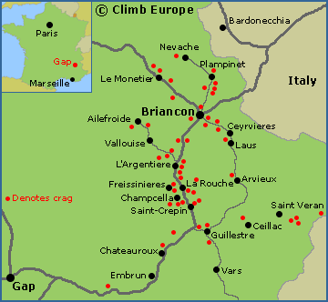 Map of the rock climbing areas in the Durance Valley, in the Haute Alps