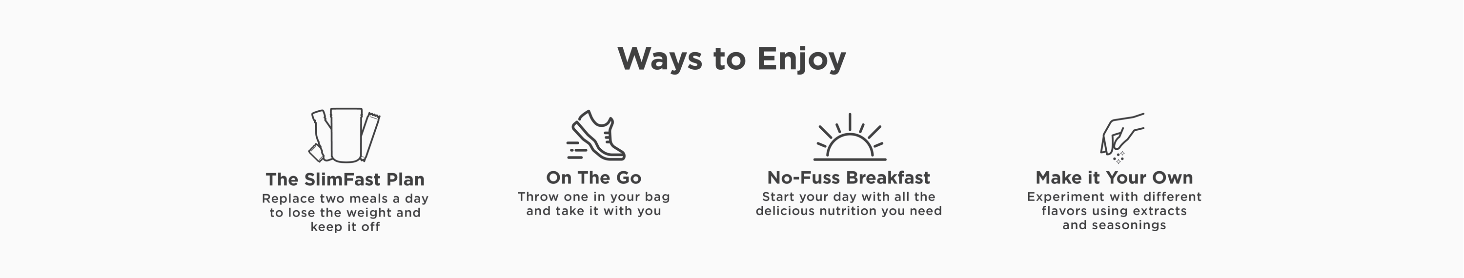 Ways to enjoy Original Shakes: Use them on the SlimFast plan, take them on the go, have a no-fuss breakfast, or make it your own