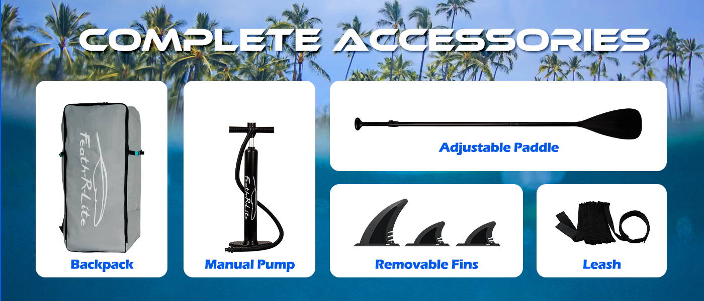 Stand up paddle board come with complete SUP board accessories: backpack, manual pump, adjustable paddle, removable fins, leash