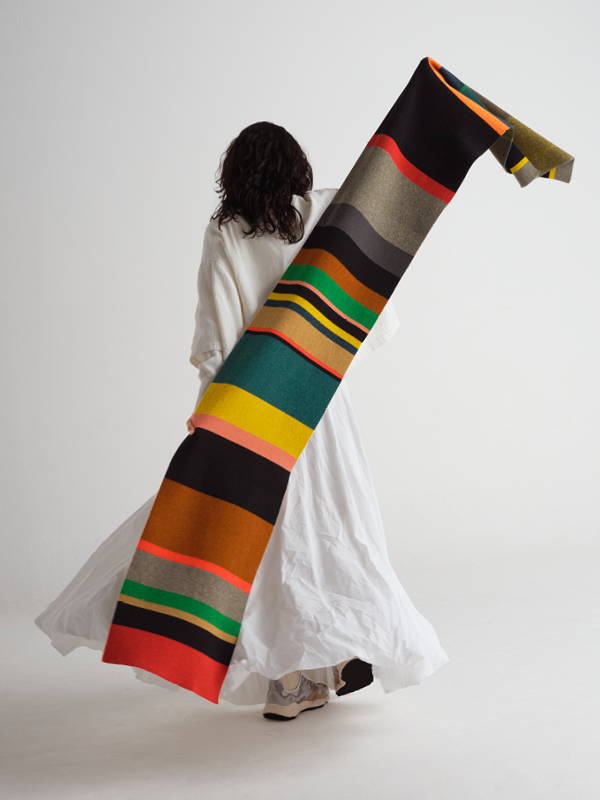 model wears Large Uneven Stripe Scarf