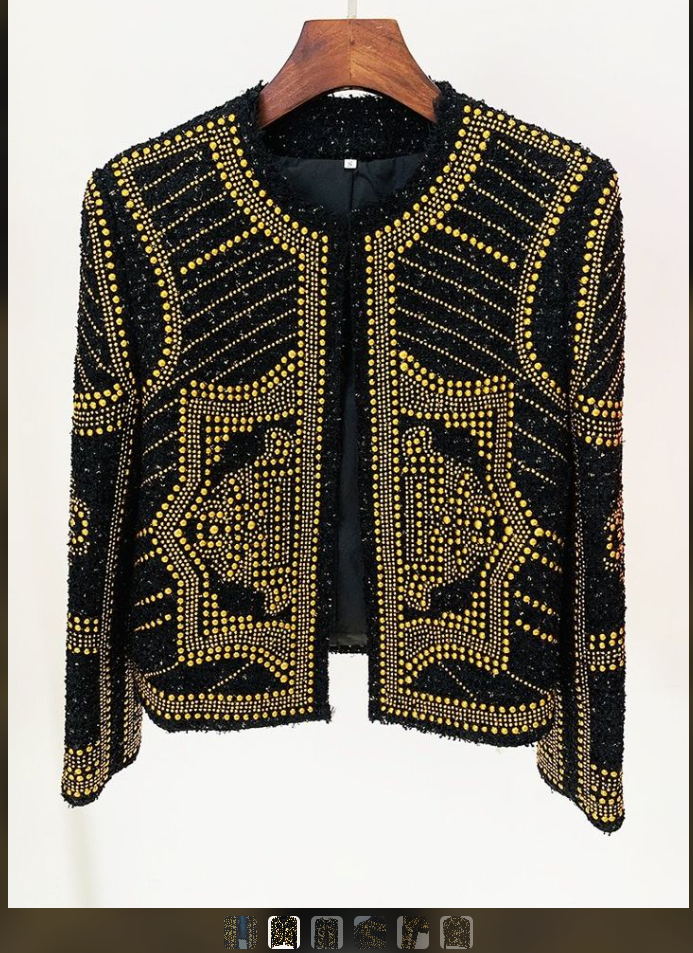 HIGH STREET Newest F/W 2022 Designer Fashion Women Stunning Metal Rivet Beaded Tweed Jacket - Image 2