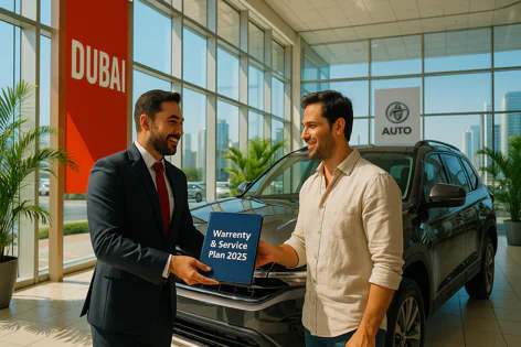 Two men exchanging a "Warranty & Service Plan 2025" document in a modern Dubai car dealership near a new black SUV, finalizing an agreement.