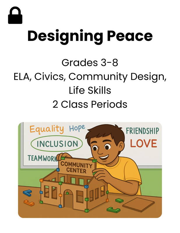 Student building a cardboard community center model using 3DuxDesign connectors during a Designing Peace activity that teaches inclusion friendship teamwork and civic design for grades 3–8.