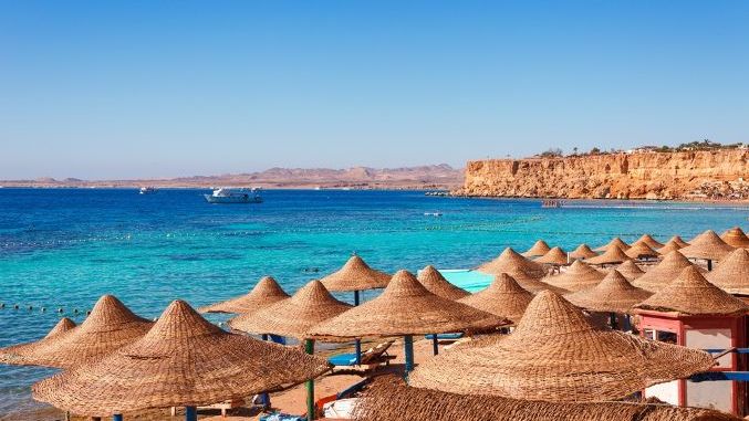 Sunny resort beach on the Red Sea in Sharm el Sheikh, Sinai, Egypt