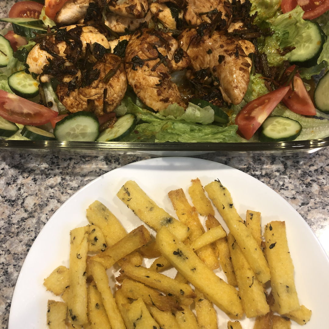 Polenta chips with Parmesan and herbs, and peri-peri chicken 🙂