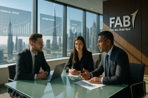 Three professionals, two men and one woman, meet in a bank conference room with city views and charts displaying financial data and revenue growth.