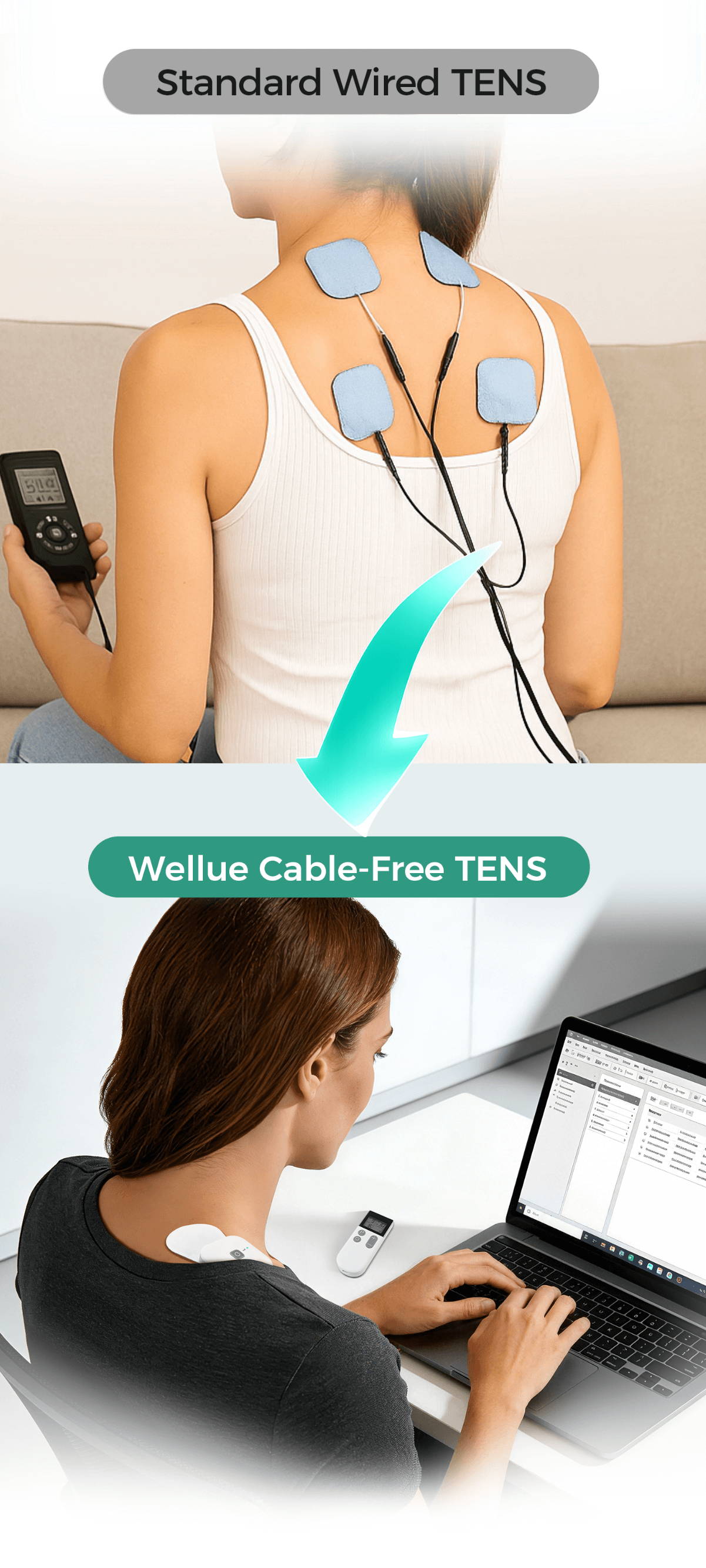 Comparison showing wired TENS unit with cables versus the Wellue cable-free TENS therapy device without cords