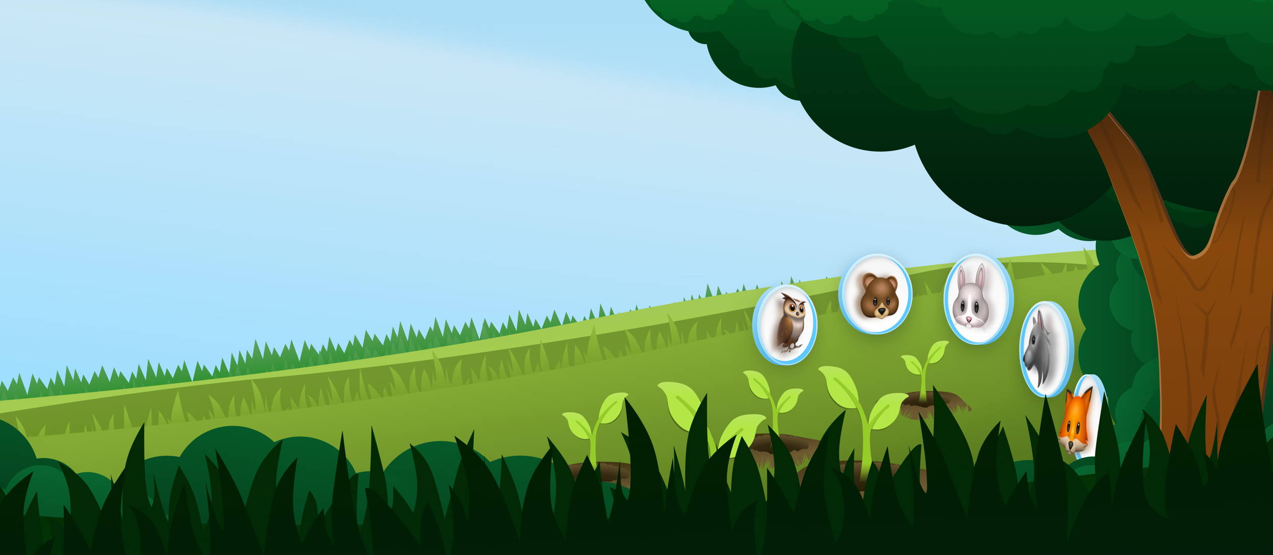 A grassy field with new plants sprouting and 5 hovering circles with various animal faces inside for Confetti's Virtual Mini Team Building Puzzles