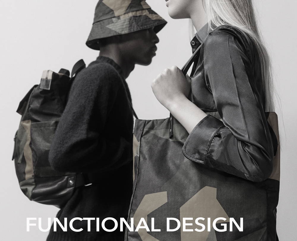 model holding a black bag with 'modern functional design' written over it