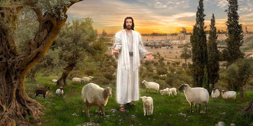 Painting of Jesus standing amid a flock of sheep, beckoning toward the viewer.