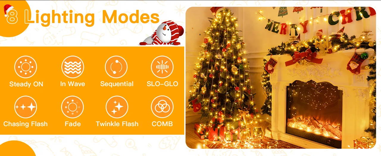 Features of Ollny's 800 leds clear cable cool white string lights - desktop size