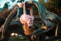 Child hanging upside down from a twisted tree branch during outdoor play and exploration in nature