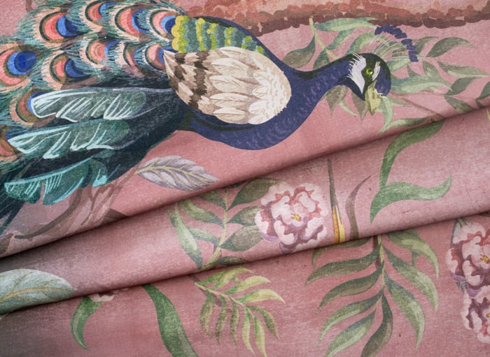 Pink Chinoiserie Peacock Linen-Cotton Fabric Pattern Image