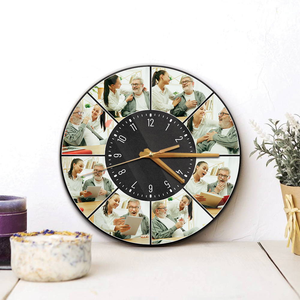 a circle wall clock print 8 photos on a black color background and white numbers is the most perfect gift for Granddaughter