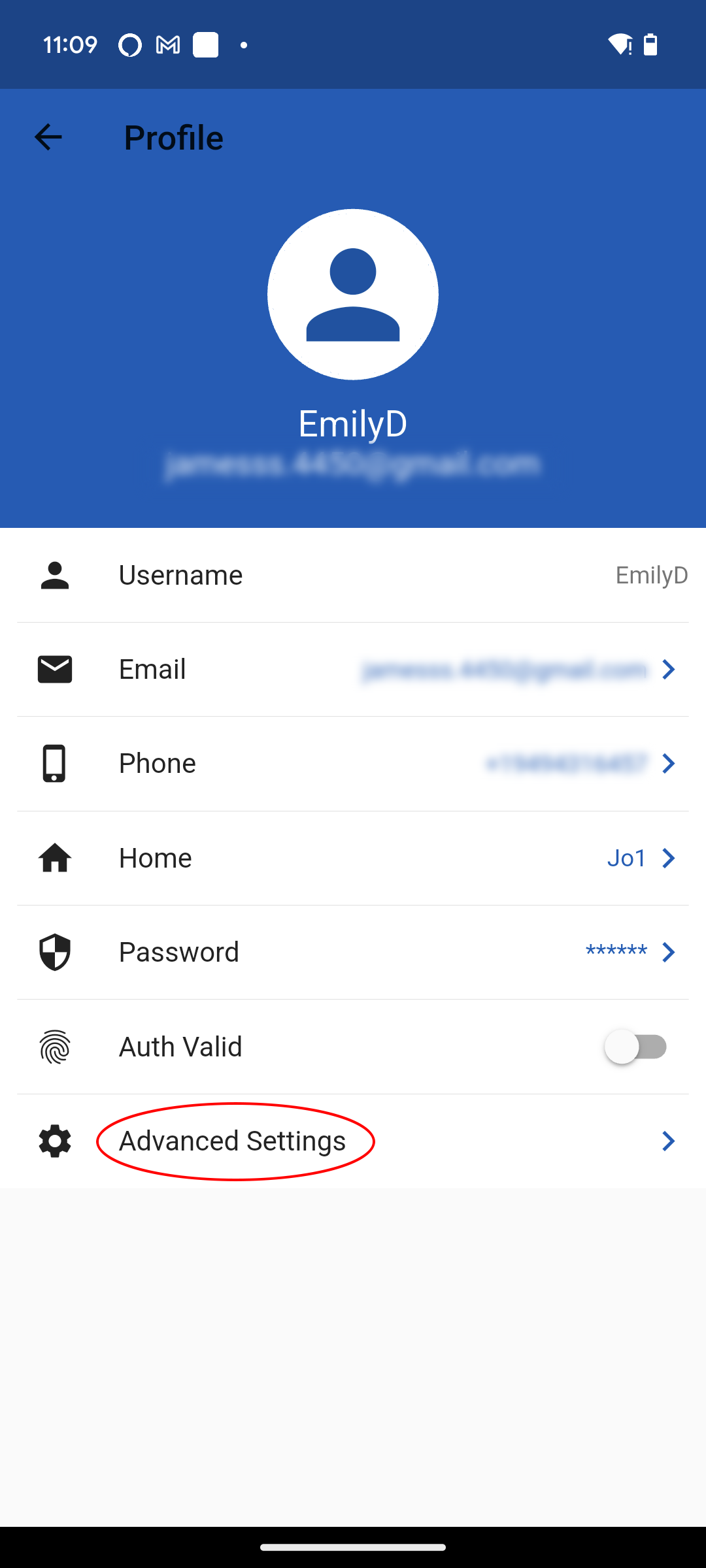 Profile screen showing account details. Tap Advanced Settings to open additional account options.