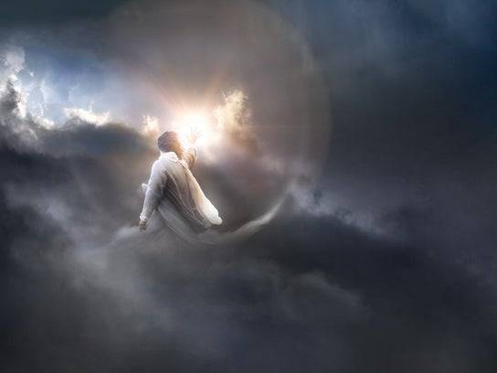 Jesus standing in a swirl of clouds. Light comes from his outstretched hand, seperating the dark clouds. 