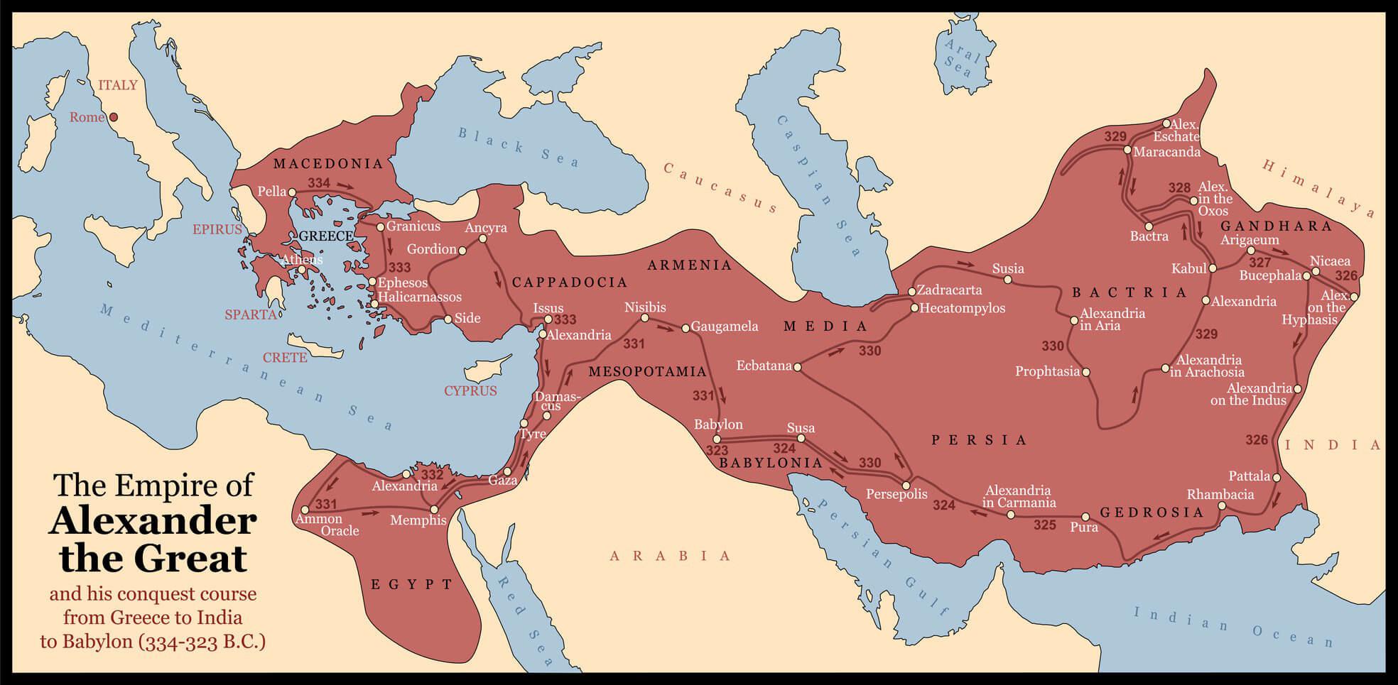 A graphic design of a map detailing the rule of Alexander the Great.