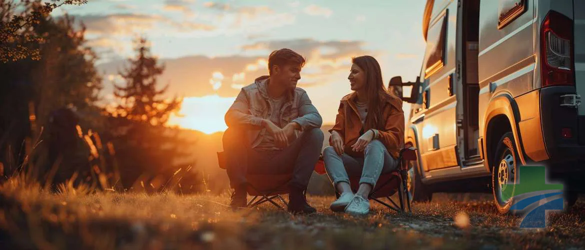 Healthcare professional and patient share a moment beside healthcare RV at sunset.