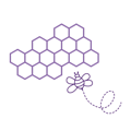 purple outline of a honeycomb with a bee buzzing around it