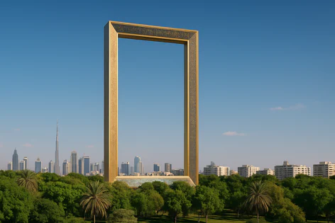 The iconic golden Dubai Frame stands tall in a green park with palm trees, overlooking the modern city skyline including the Burj Khalifa.