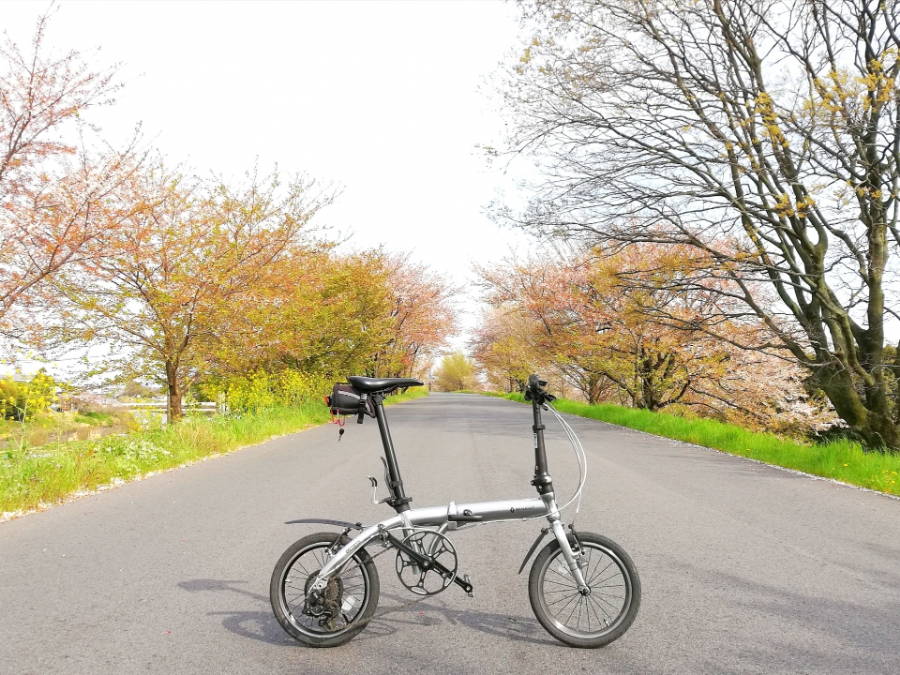 長い道に停められた折りたたみ自転車