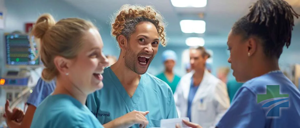 Humorous misunderstanding of medical jargon between nurses in a hospital room.