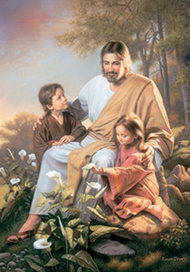Jesus smling and sitting with two children near blossoming lilies.