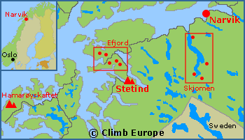 Map of the rock climbing areas around Narvik including Stetind Mountain