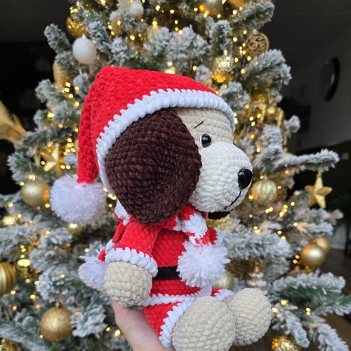 Christmas Doggy - Crochet pattern (PDF download) - puppy plush dog winter Santa outfit amigurumi festive holiday decoration