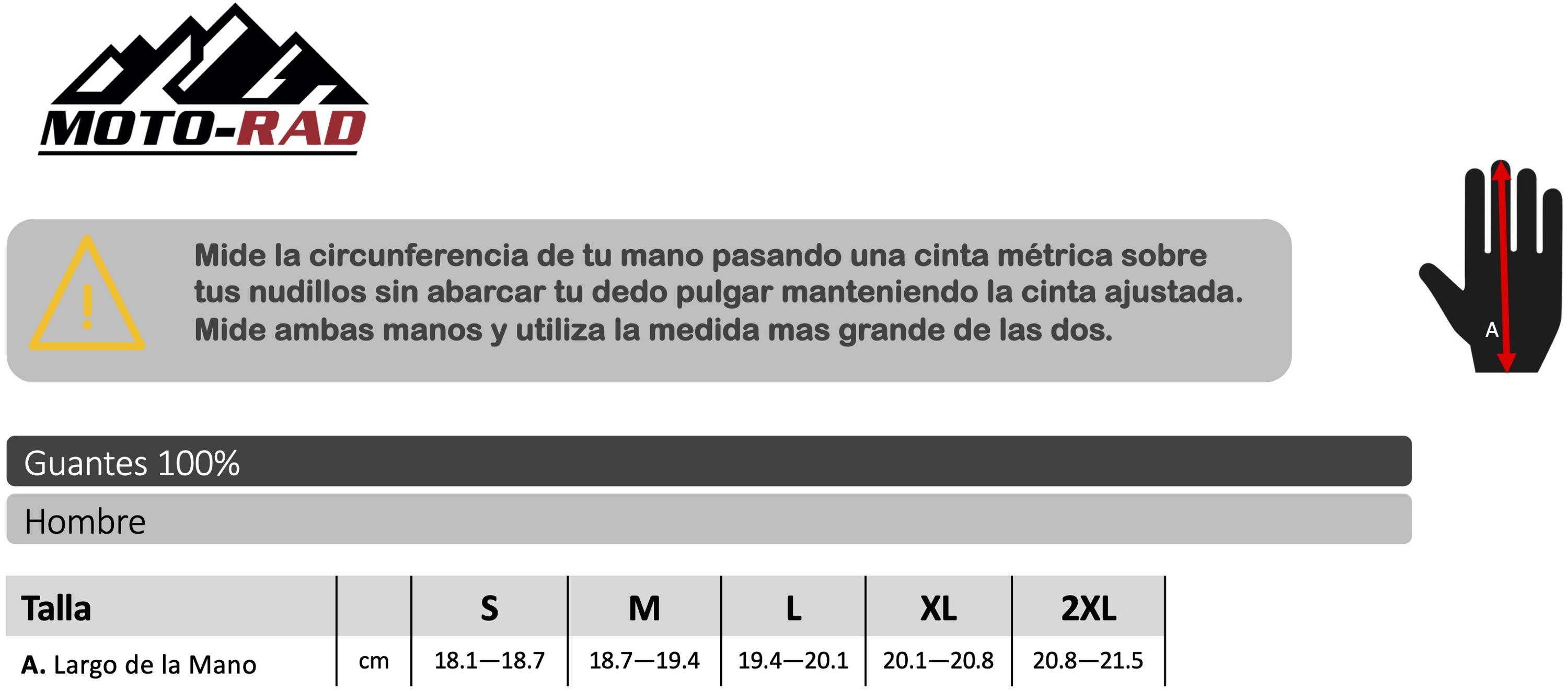 Guia de Tallas Guantes 100%